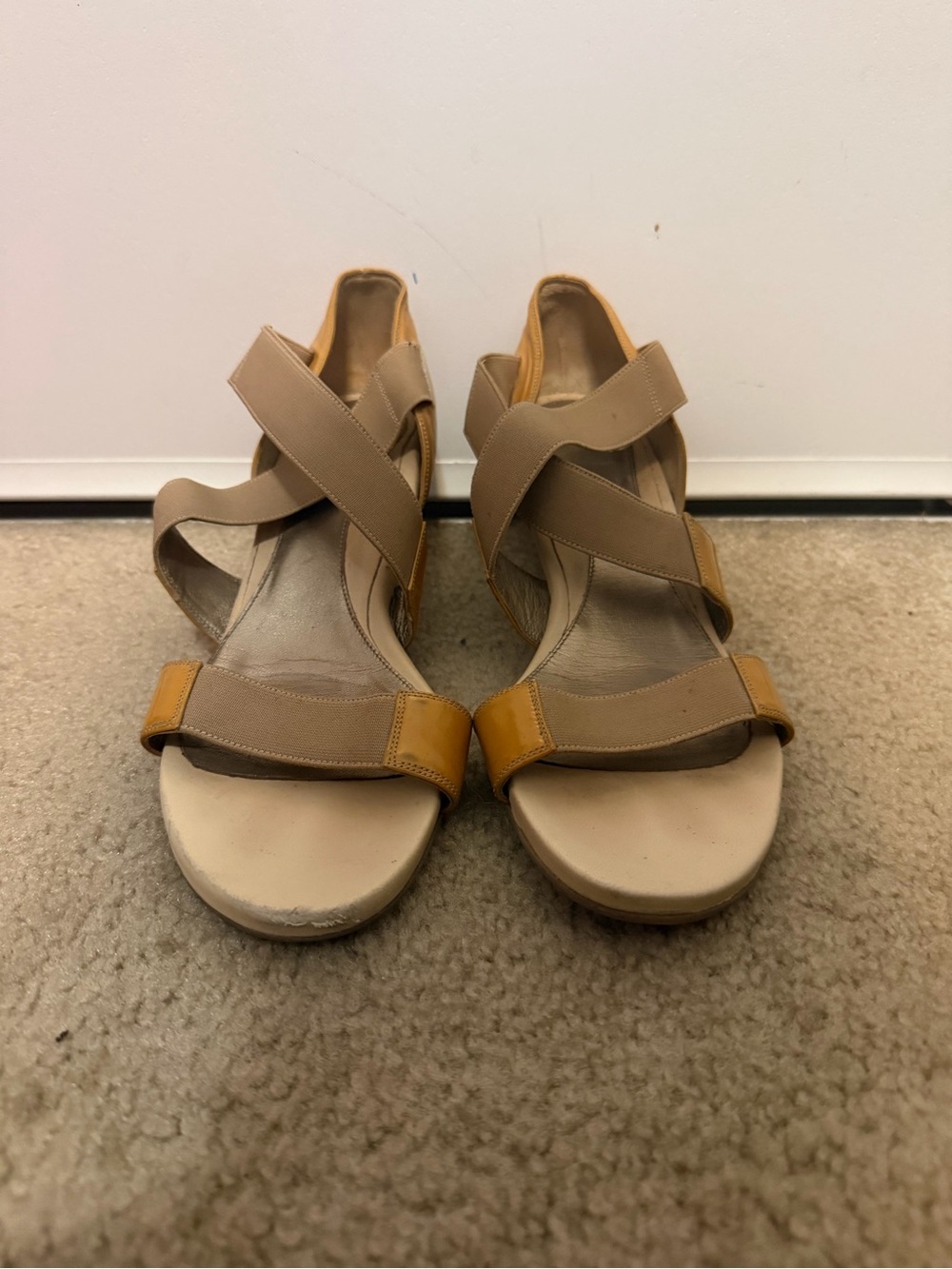Neutral Beige & Tan Wedge Sandals with Crisscross Straps